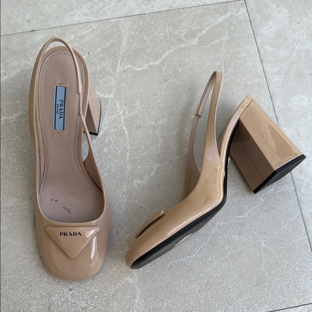 Prada Women's Nude Patent Slingback Block Heels, Prada shoes, Size 39